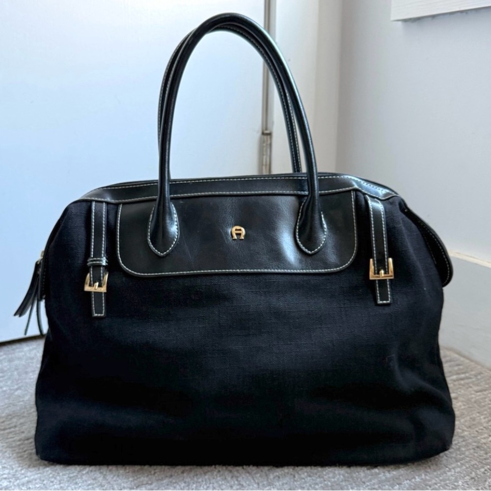 Etienne Aigner Vintage Black Linen Faux Leather Large Tote Gold Hardware